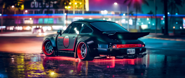 Black car wet street night free wallpaper - medium preview image