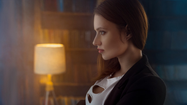 Woman blackjacket lamp bookshelves holography free wallpaper - medium preview image