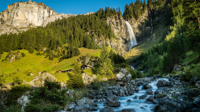 Waterfall valley house forest rocks free wallpaper - medium preview image