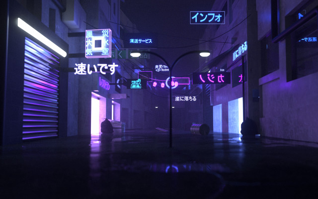 Dark alley neon signs cyberpunk free wallpaper - medium preview image