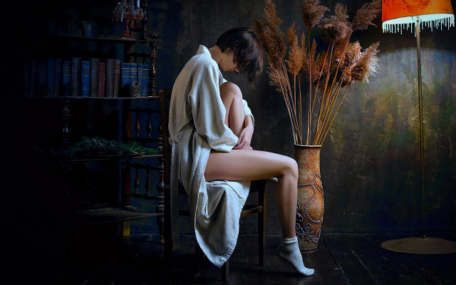 Woman sitting vase dried grass free wallpaper - medium preview image