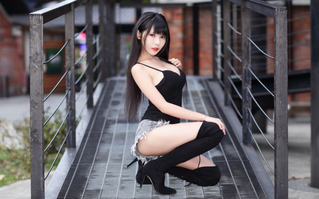 Woman black dress bridge posing free wallpaper - medium preview image