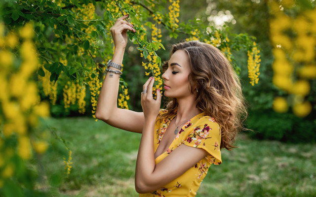Yellow dress woman cellphone flower free wallpaper - medium preview image
