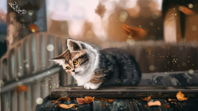 Cat fence bird autumn blurry free wallpaper - medium preview image