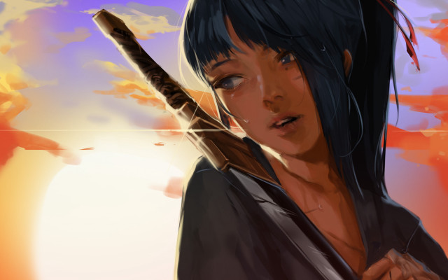 Woman sword sunset japanese clothes free wallpaper - medium preview image