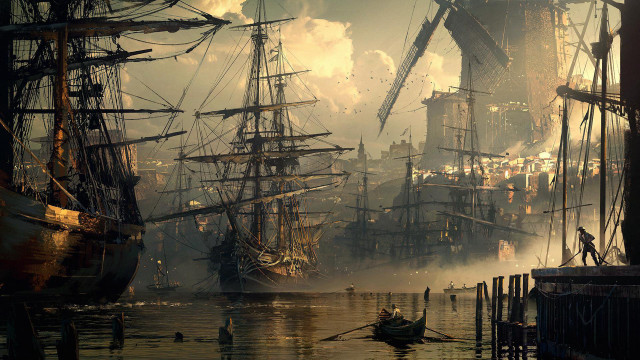 Harbor ships city smoke matte free wallpaper - medium preview image