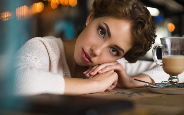 Woman coffee food portrait blurry free wallpaper - medium preview image