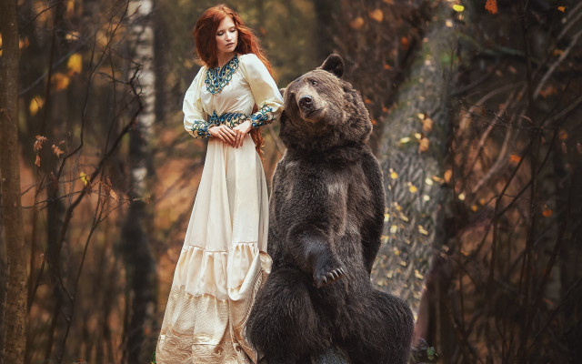 Woman white dress bear forest free wallpaper - medium preview image