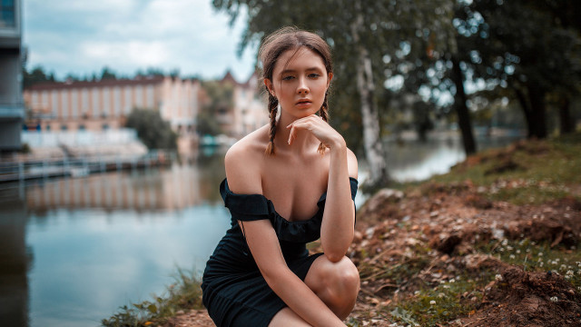 Woman dress rock water trees free wallpaper - medium preview image