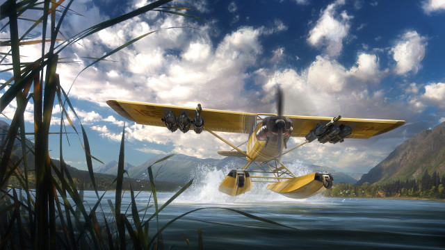 Yellow plane over water mountain free wallpaper - medium preview image