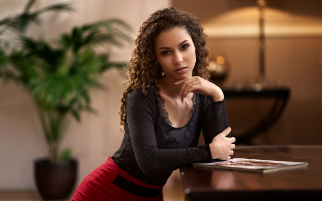 Woman table book plant indoor free wallpaper for desktop - medium preview image