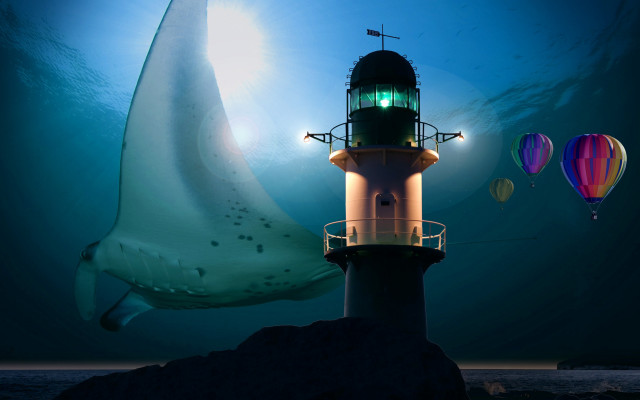Lighthouse shark balloons beachball ocean free wallpaper for desktop - medium preview image