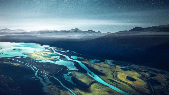 River mountains night stars clouds free wallpaper - medium preview image