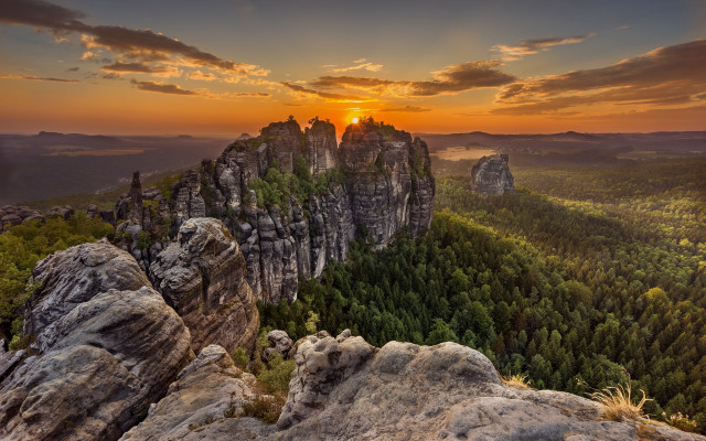 Sunset mountain forest rocks dusk free wallpaper - medium preview image