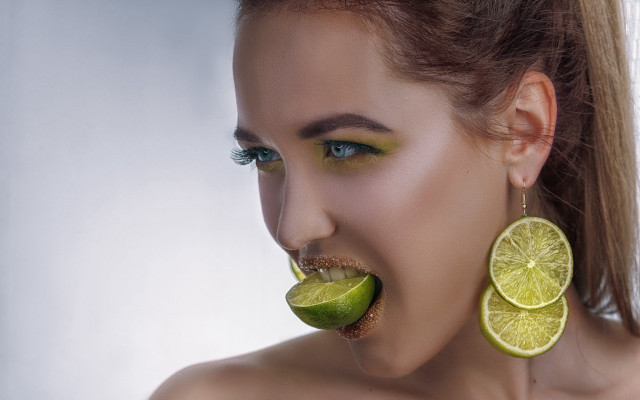 Woman lime slice lip hyperrealism free wallpaper - medium preview image