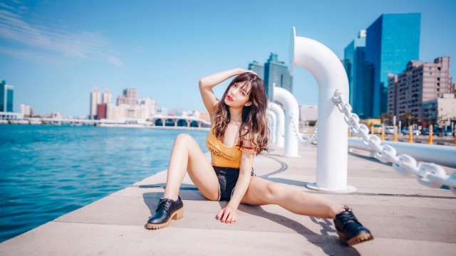 Woman dock waterfront cityscape fashion free wallpaper - medium preview image