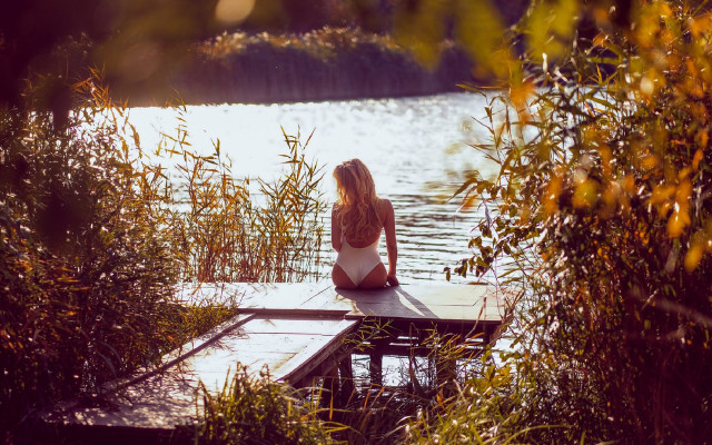 Woman dock lake autumn fireworks free wallpaper - medium preview image