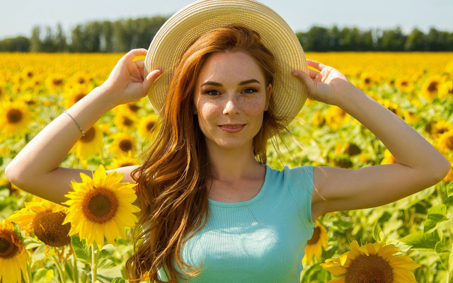 Sunflower field woman hat blue free wallpaper for desktop - medium preview image