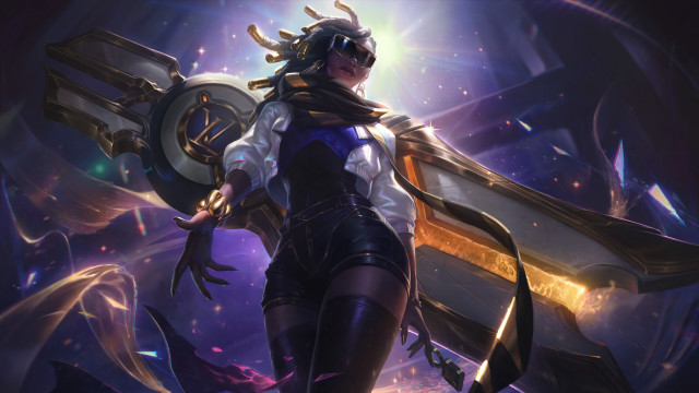 Woman gun helmet sword purple free wallpaper - medium preview image