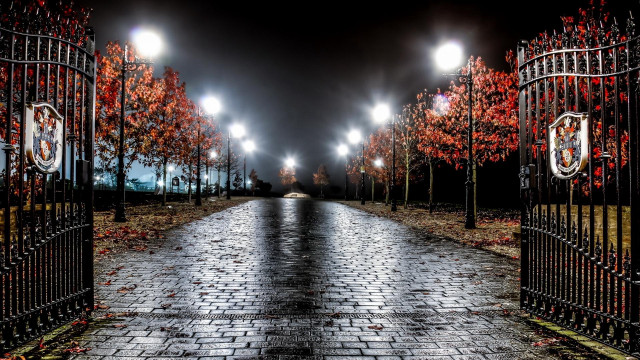 Brick walkway gate lights night free wallpaper - medium preview image