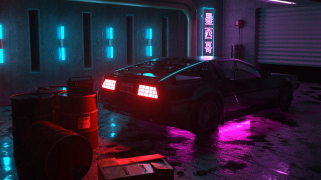 Car neon garage retrowave cyberpunk free wallpaper - medium preview image