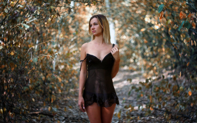 Woman black dress woods autumn free wallpaper - medium preview image
