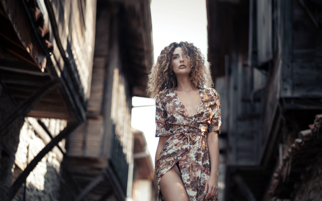 Woman floral dress street suitcase free wallpaper - medium preview image