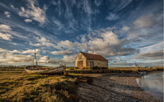 Boat grass field building water free wallpaper - medium preview image