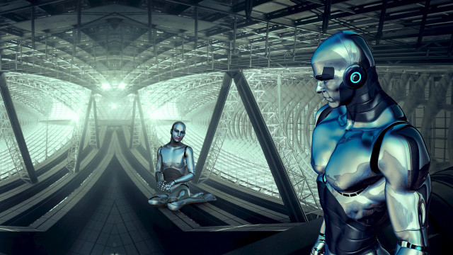 Robots tunnel man cyberpunk glowing free wallpaper - medium preview image