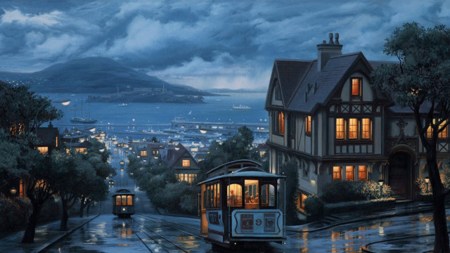 Trolley car rainy night city #7 free wallpaper - medium preview image