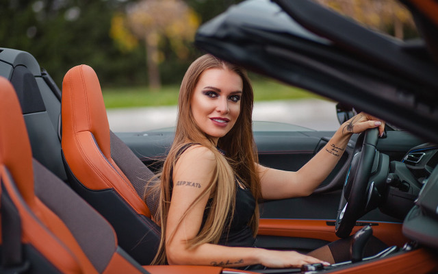 Woman car smile tattoos bokeh free wallpaper - medium preview image