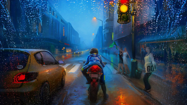 Man motorcycle rainy street trafficlight free wallpaper - medium preview image