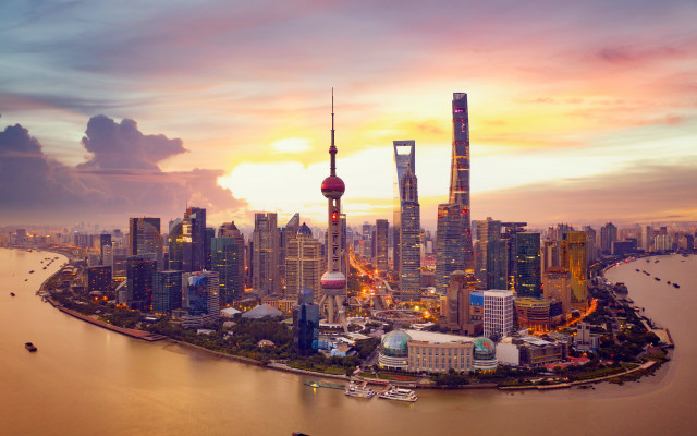 City river sunset skyscrapers bridge free wallpaper for desktop - medium preview image