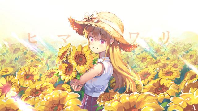 Sunflower girl hat bouquet outdoors free wallpaper for desktop - medium preview image