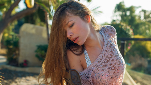 Woman longhair bench cellphone tree free wallpaper - medium preview image