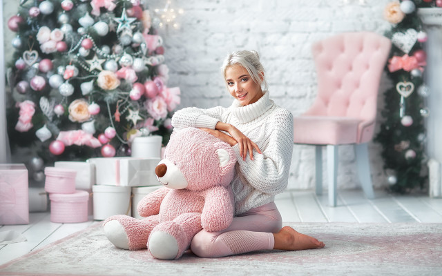 Woman sitting pink teddy bear free wallpaper - medium preview image