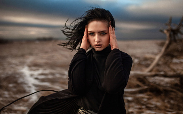 Woman blowing hair field cloudy free wallpaper - medium preview image