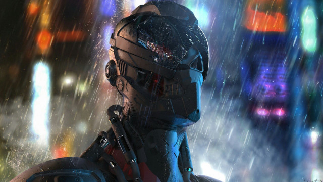 Futuristic man city night helmet free wallpaper - medium preview image