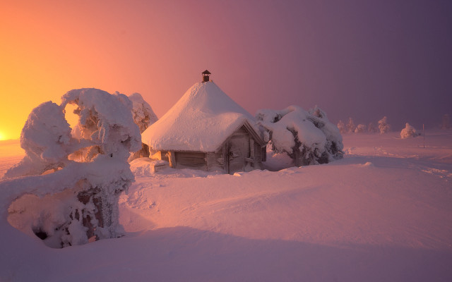 Snowy house sunset trees winter #2 free wallpaper - medium preview image