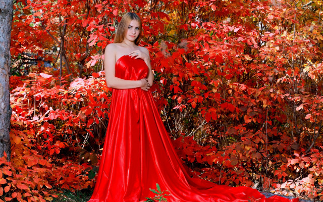 Red dress forest autumn leaves free wallpaper - medium preview image