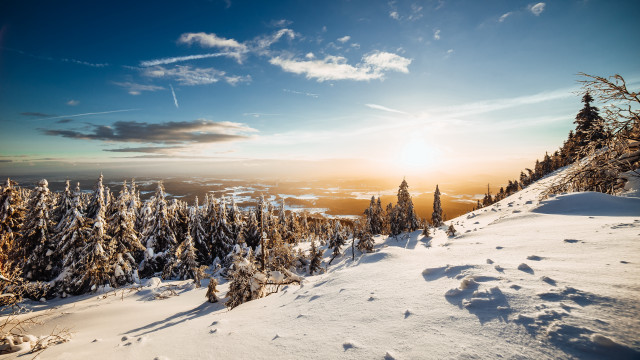 Snowy mountain trees sun blue free wallpaper - medium preview image