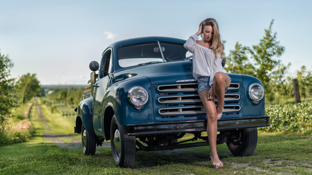 Woman blonde barelegs truck field free wallpaper - medium preview image