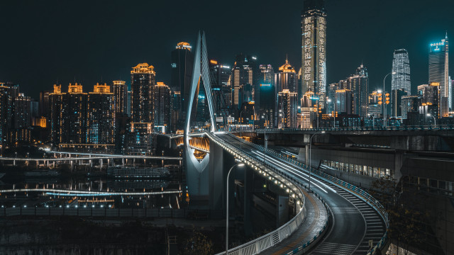 Cyberpunk city skyline bridge train free wallpaper - medium preview image