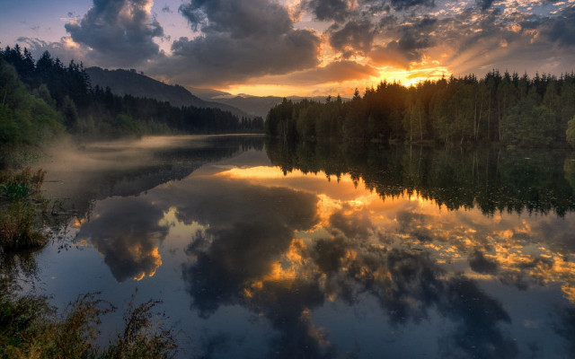 Lake trees sunset clouds reflection free wallpaper - medium preview image