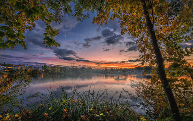 Lake sunset moon trees autumn free wallpaper - medium preview image