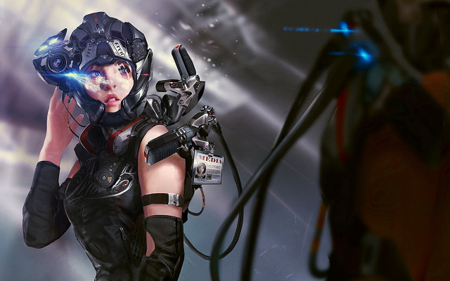 Futuristic woman camera controller cyberpunk free wallpaper - medium preview image