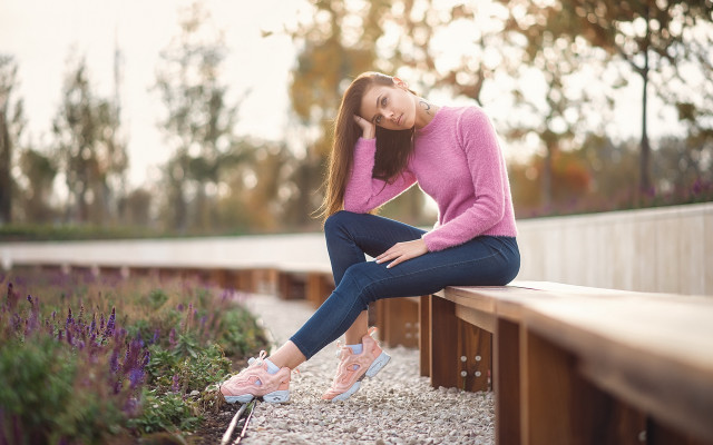 Woman bench park flowers pink free wallpaper - medium preview image