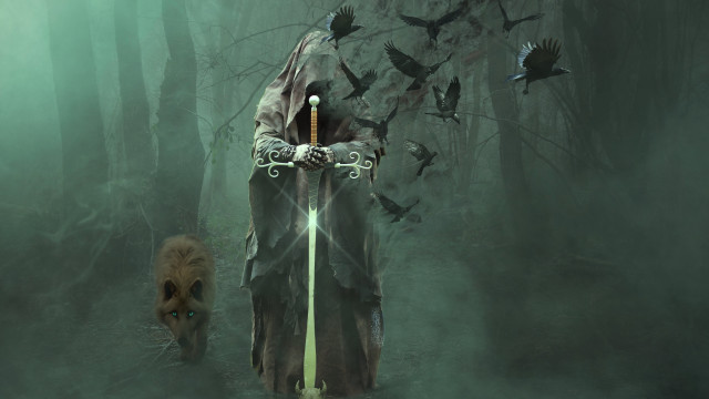 Hooded man sword forest dog free wallpaper - medium preview image