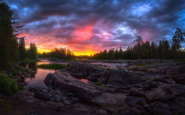 Sunset river rocks trees clouds free wallpaper - medium preview image