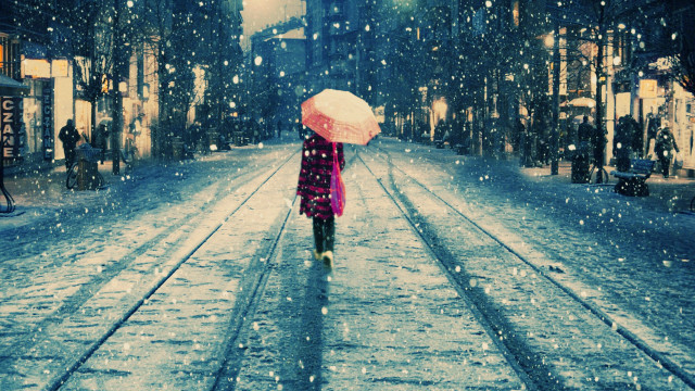 Woman walking umbrella snow night #2 free wallpaper - medium preview image